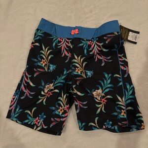 art class Black Floral Kids Swim Trunks with Blue Waistband